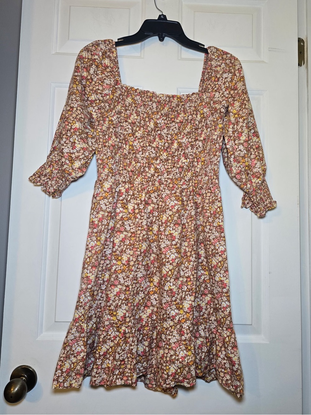 Sim & Sam Ditzy Micro Floral Smocked Dress LARGE Puffed Sleeve Ruffles Cottage
